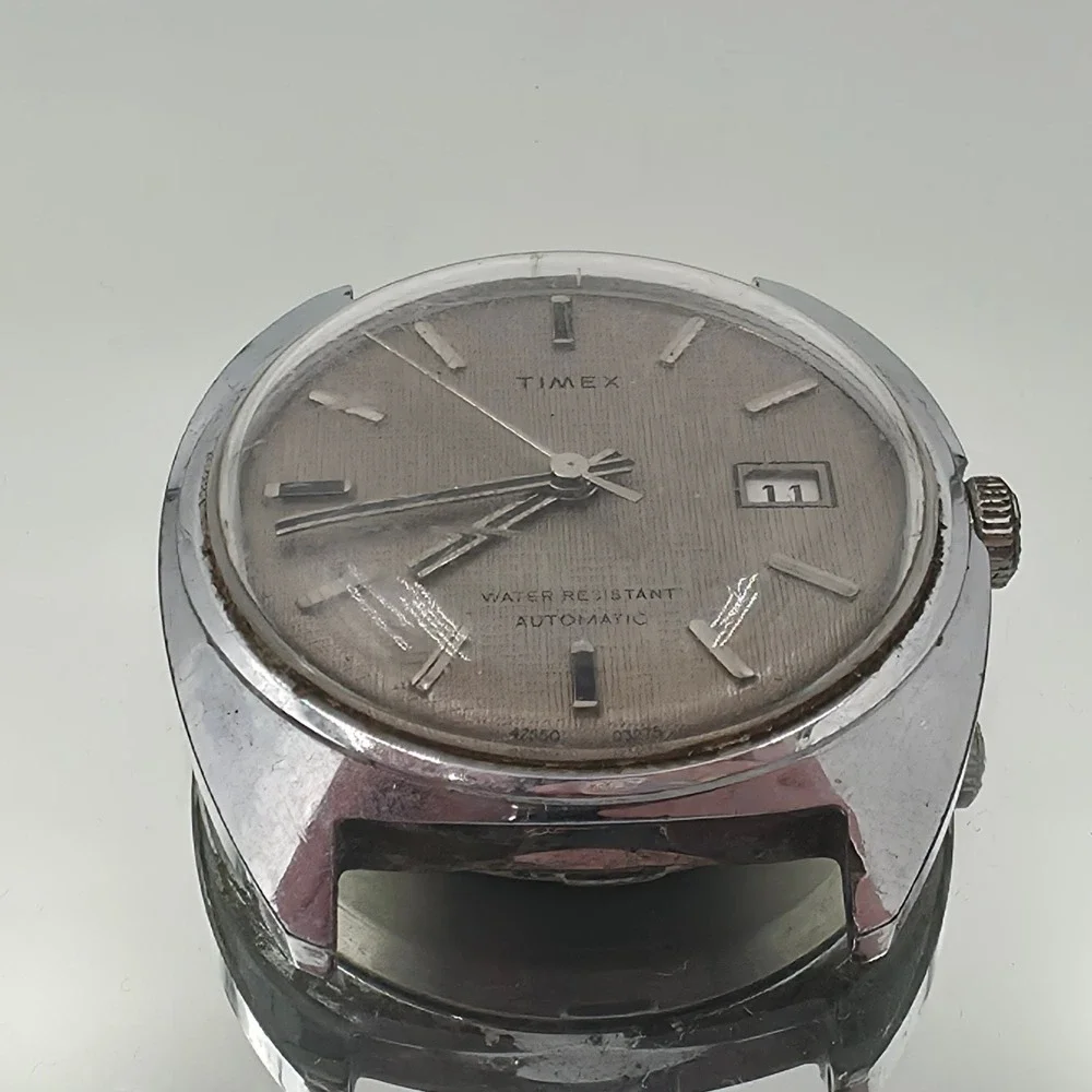 Timex Automatic Watch Mens OS Grey Good Linen Dial Date Vintage 47550 03275
